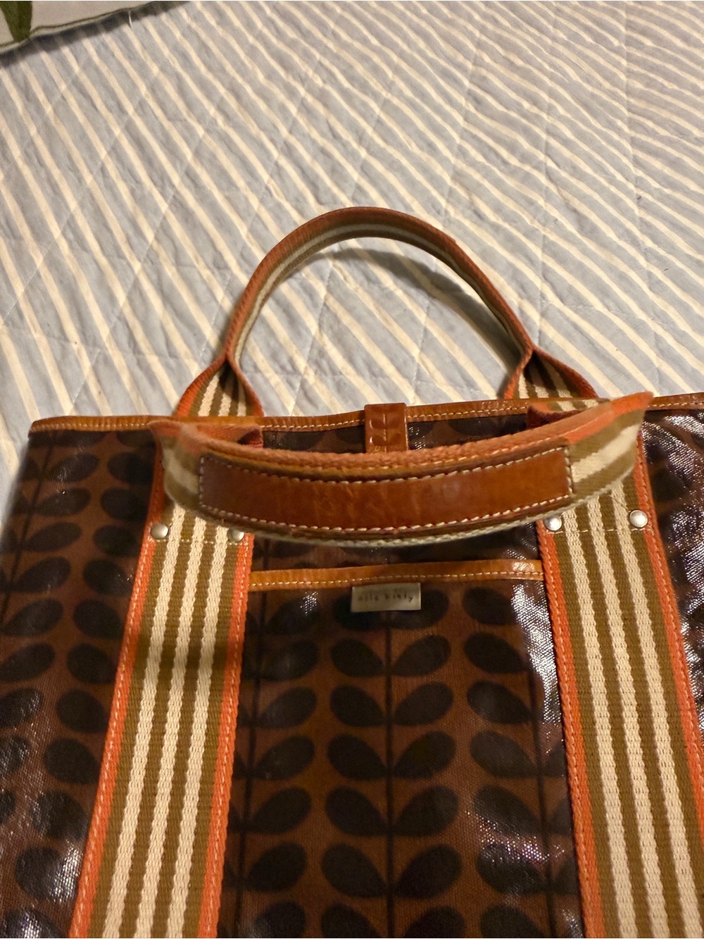 Orla Kiely Brown and Orange Leaf-Print coated Canvas Tote with Striped Handles - Picture 7 of 12